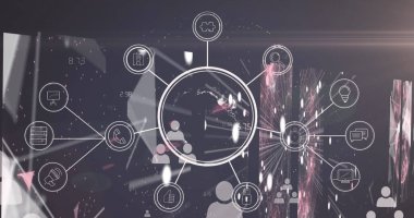 Karanlık arkaplanda veri işleme üzerine simgelerle bağlantı ağının görüntüleri. Küresel bağlantılar ve veri işleme kavramı dijital resim oluşturuldu.