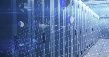 Sunucu odasında veri işleme resmi. Küresel bağlantılar ve dijital veri işleme kavramı dijital resim oluşturuldu.