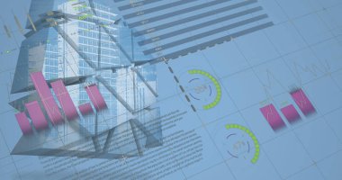 Mavi arka planda modern bina üzerinde veri işleme ile istatistiklerin görüntüsü. Küresel iş, finans ve veri işleme kavramı dijital olarak oluşturulmuş görüntü.