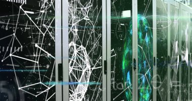 Sunucu odasında veri işleme resmi. küresel iş ve dijital arayüz kavramı dijital olarak oluşturulmuş görüntü.