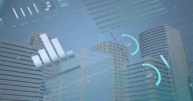 Şehir manzarası üzerinde veri işleme ile istatistiklerin resmi. Küresel iş, finans ve veri işleme kavramı dijital olarak oluşturulmuş görüntü.