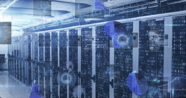 Sunucu odasında veri işleme resmi. küresel iş ve dijital arayüz kavramı dijital olarak oluşturulmuş görüntü.