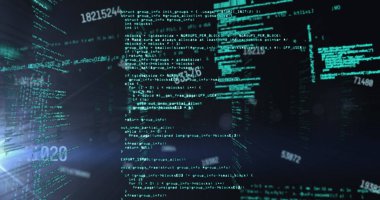 Veri işleme görüntüsü ve koyu arkaplan üzerindeki numaralar. Küresel bağlantılar ve veri işleme kavramı dijital resim oluşturuldu.