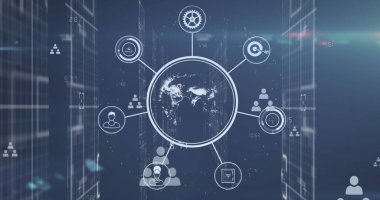 Şehir manzarası üzerindeki veri işleme ve simgelerin resmi. Dijital arayüz ve dijital arayüz konsepti dijital olarak oluşturulmuş görüntüler.