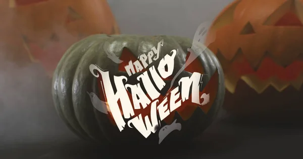 Obraz Halloween Tekst Nad Rzeźbione Dynie Szarym Tle Halloween Jesień — Zdjęcie stockowe