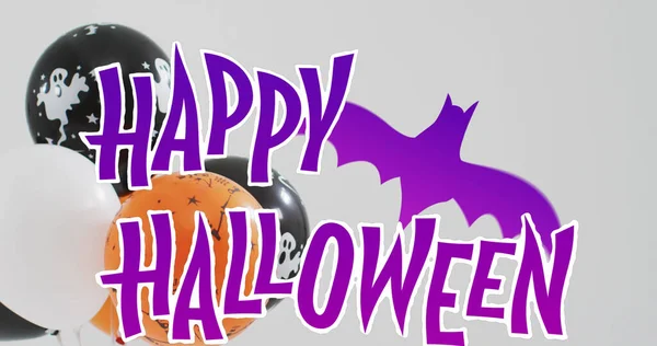 Obraz Halloween Tekst Nad Balonami Nietoperza Szarym Tle Halloween Jesień — Zdjęcie stockowe