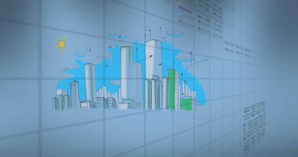 Bild Der Datenverarbeitung Über Der Stadtzeichnung Globales Geschäfts Und Digitales — Stockfoto