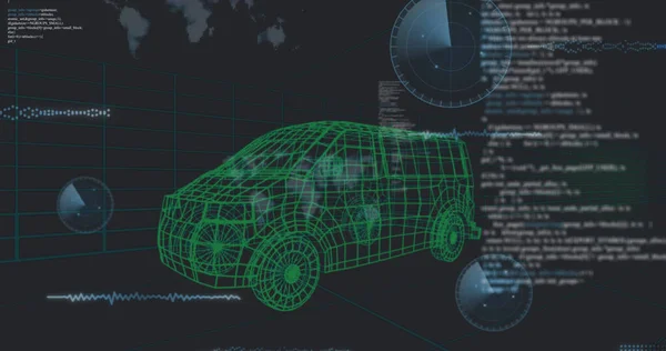 黒の背景にグリッド上の3D車モデル上のデータ処理のイメージ グローバルエンジニアリングと自動車のコンセプトデジタル生成画像 — ストック写真