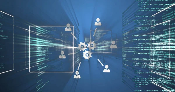 Images of network of connections with icons over data processing on dark background. Global connections and data processing concept digital generated image.