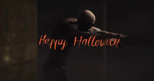 Imagen Texto Feliz Halloween Sobre Zombi Caminando Halloween Tradición Concepto —  Fotos de Stock