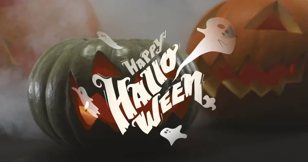 Obraz Halloween Tekst Nad Rzeźbione Dynie Szarym Tle Halloween Jesień — Zdjęcie stockowe
