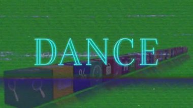 Medya simgeleri ve dans metinleri üzerindeki parazitin canlandırması. Soyut arkaplan ve dijital arayüz kavramı dijital olarak oluşturulmuş video.