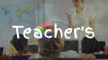 Mutlu öğretmenlerin animasyonu öğretmenle farklı okul öğrencileri üzerinden yazılıyor. Küresel eğitim ve dijital arayüz kavramı dijital olarak oluşturulmuş video.