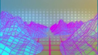 Dijital dağların üzerinde hareket eden beneklerin animasyonu. Soyut arkaplan ve dijital arayüz kavramı dijital olarak oluşturulmuş video.