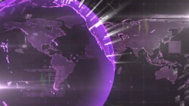 Veri işleme ve dünya haritasıyla kara zemin üzerindeki ışık yollarının animasyonu. Küresel teknoloji, bilgisayar ve dijital arayüz kavramı dijital olarak oluşturulmuş video.