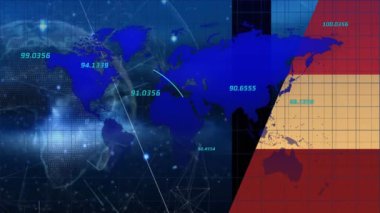 Dünya haritası üzerinde veri işleme animasyonu. küresel iş ve dijital arayüz kavramı dijital olarak oluşturulmuş video.