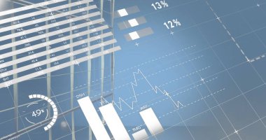 Şehir manzarası üzerinde veri işleme ile istatistiklerin resmi. Küresel iş, finans ve veri işleme kavramı dijital olarak oluşturulmuş görüntü.