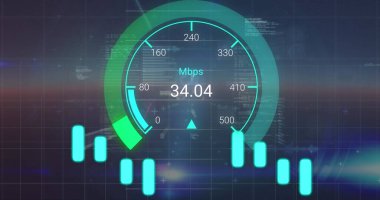 Hız göstergesi üzerinde veri işleme resmi. Küresel iş ve dijital arayüz kavramı dijital olarak oluşturulmuş görüntü.