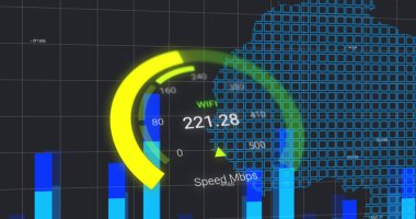 Veri işleme ve hız göstergesi üzerindeki dünya haritası. Küresel iş ve dijital arayüz kavramı dijital olarak oluşturulmuş görüntü.