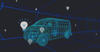 Siyah zemin üzerinde düşen üç boyutlu araba modelinin resmi. Küresel mühendislik ve otomotiv kavramı dijital olarak oluşturulmuş görüntü.