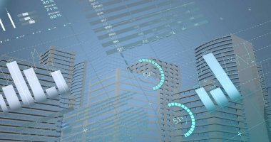 Şehir manzarası üzerinde veri işleme ile istatistiklerin resmi. Küresel iş, finans ve veri işleme kavramı dijital olarak oluşturulmuş görüntü.