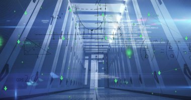 Sunucu odasında veri işleme resmi. küresel iş ve dijital arayüz kavramı dijital olarak oluşturulmuş görüntü.