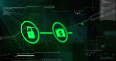 Veri işleme resmi ve koyu arkaplan üzerine simgeler. Küresel bağlantılar ve veri işleme kavramı dijital resim oluşturuldu.