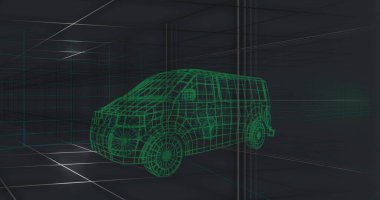 Siyah zemin üzerinde 3D araba modeli resmi. Küresel mühendislik ve otomotiv kavramı dijital olarak oluşturulmuş görüntü.