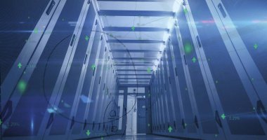 Sunucu odasında veri işleme resmi. küresel iş ve dijital arayüz kavramı dijital olarak oluşturulmuş görüntü.