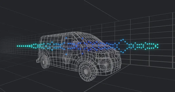 黒の背景にグリッド上の3D車モデルの画像 グローバルエンジニアリングと自動車のコンセプトデジタル生成画像 — ストック写真