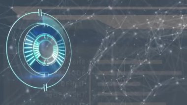 Veri işleme ve kara arkaplan üzerindeki bağlantı ağının taranması animasyonu. Küresel teknoloji, bilgisayar ve dijital arayüz kavramı dijital olarak oluşturulmuş video.