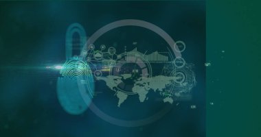 Asma kilit üzerinde veri işleme görüntüsü. Küresel iş ve dijital arayüz kavramı dijital olarak oluşturulmuş görüntü.