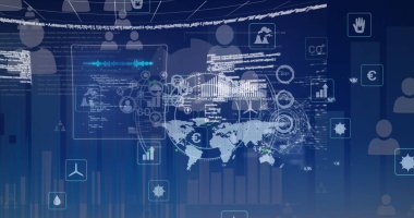 Dünya haritası üzerinde veri işleme resmi. küresel iş ve dijital arayüz kavramı dijital olarak oluşturulmuş görüntü.