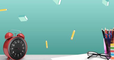 Uçan kalemler, çalar saat, gözlük, makas ve renkli kalemlerle dolu kitaplar. Boşluk, ofis, masa, vektör, kırtasiye, hijyen, farkındalık ve kutlama kavramını kopyala.