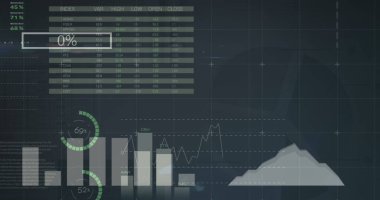 Siyah arkaplanda veri işleme resmi. Küresel teknoloji, bilgisayar ve dijital arayüz kavramı dijital olarak oluşturulmuş görüntü.