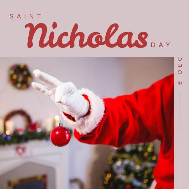 Aziz Nicholas Günü 'nün kompozisyonu Noel Baba' nın elinde kırmızı mücevher olan metni. Aziz Nicholas Günü, Noel şenliği, gelenek ve kutlama konsepti.