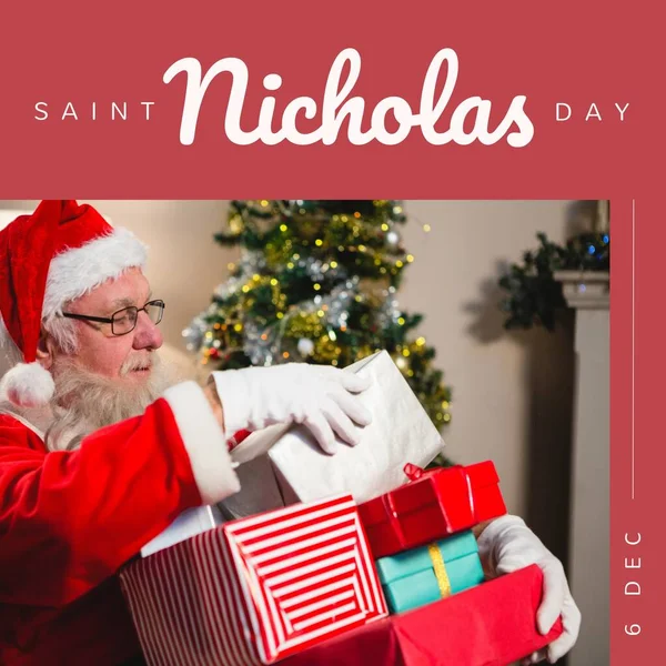 Composition of saint nicholas day text over santa claus holding presents. Saint nicholas day, christmas festivity, tradition and celebration concept.