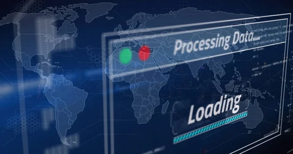 Image of data processing loading against world map. Digital composite, global communication, technology, cloud computing, data, connection, artificial intelligence, development.