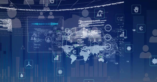 Dünya haritası üzerinde veri işleme resmi. küresel iş ve dijital arayüz kavramı dijital olarak oluşturulmuş görüntü.