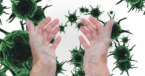 Image Hands Caucasian Person Held Out Green Virus Cells White — Stock Photo, Image