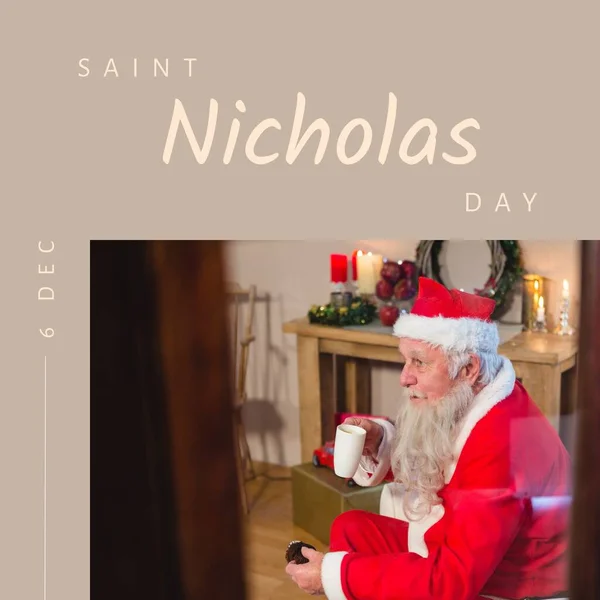 Skład Święty Mikołaj Dzień Tekst Nad Święty Mikołaj Pijąc Dzień — Zdjęcie stockowe