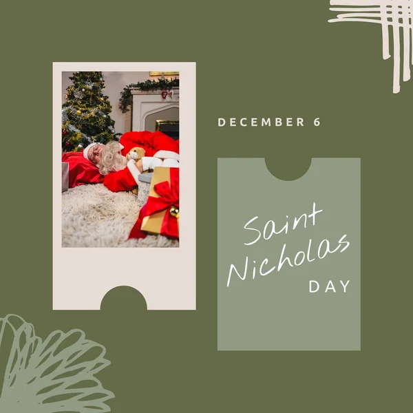 プレゼント付きのクリスマスに聖ニコラスの日のテキストと睡眠サンタクラスの構成 クリスマス お祭り お祝い 伝統的なコンセプト — ストック写真