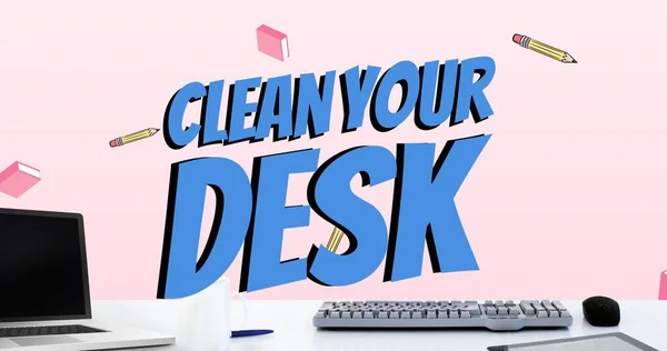 Composite of clean your desk text over falling pencils and books on electronics gadgets on table. Office, desk, vector, stationery, hygiene, awareness, celebration and technology concept.