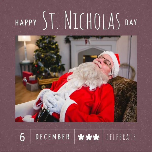 聖ニコラスの日のテキストとクリスマスに眠るサンタクラスの構成 クリスマス お祭り お祝い 伝統的なコンセプト — ストック写真