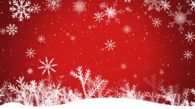 Kırmızı arka planda bitkilerin üzerine düşen kar ve kar tanelerinin canlandırması. Noel, kış, şenlik, gelenek ve dijital olarak üretilen video konsepti.