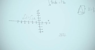 Mavi arkaplan üzerinde matematiksel denklemlerin animasyonu. Küresel eğitim, bilim ve dijital arayüz kavramı dijital olarak oluşturulmuş video.