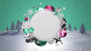Kış manzarasında beyaz dairesel tabelanın etrafına düşen kar animasyonu. Noel, kış, şenlik, gelenek ve dijital olarak üretilen video konsepti.