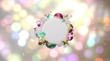 Kar animasyonu ve noel süslemeleri sönmüş ışıkların etrafındaki boş beyaz dairesel işaretler. Noel, kış, şenlik, gelenek ve dijital olarak üretilen video konsepti.