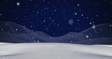 Mavi gökyüzüne ve kış manzarasına düşen beyaz Noel kar tanelerinin animasyonu. Noel, kış, şenlik, gelenek ve dijital olarak üretilen video konsepti.