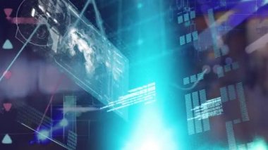 Odak ışıkları dışında ekranda istatistik ve veri işleme animasyonu. Küresel veri işleme ve bağlantılar konsepti dijital olarak oluşturulmuş video.